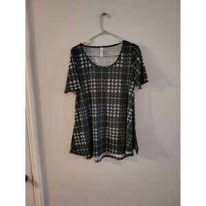 LuLaRoe Irma Tunic Top Womens Small Green White Pixelated Plaid Short Sleeve